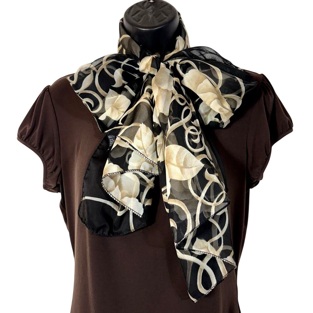 Floral Rectangle Scarf Black Tan White Sheer Vintage Retro Korea